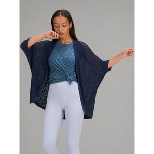 ModCloth Navy Blue Crochet Knit Cardigan Open Front L/XL Boho Pointelle Kimono
